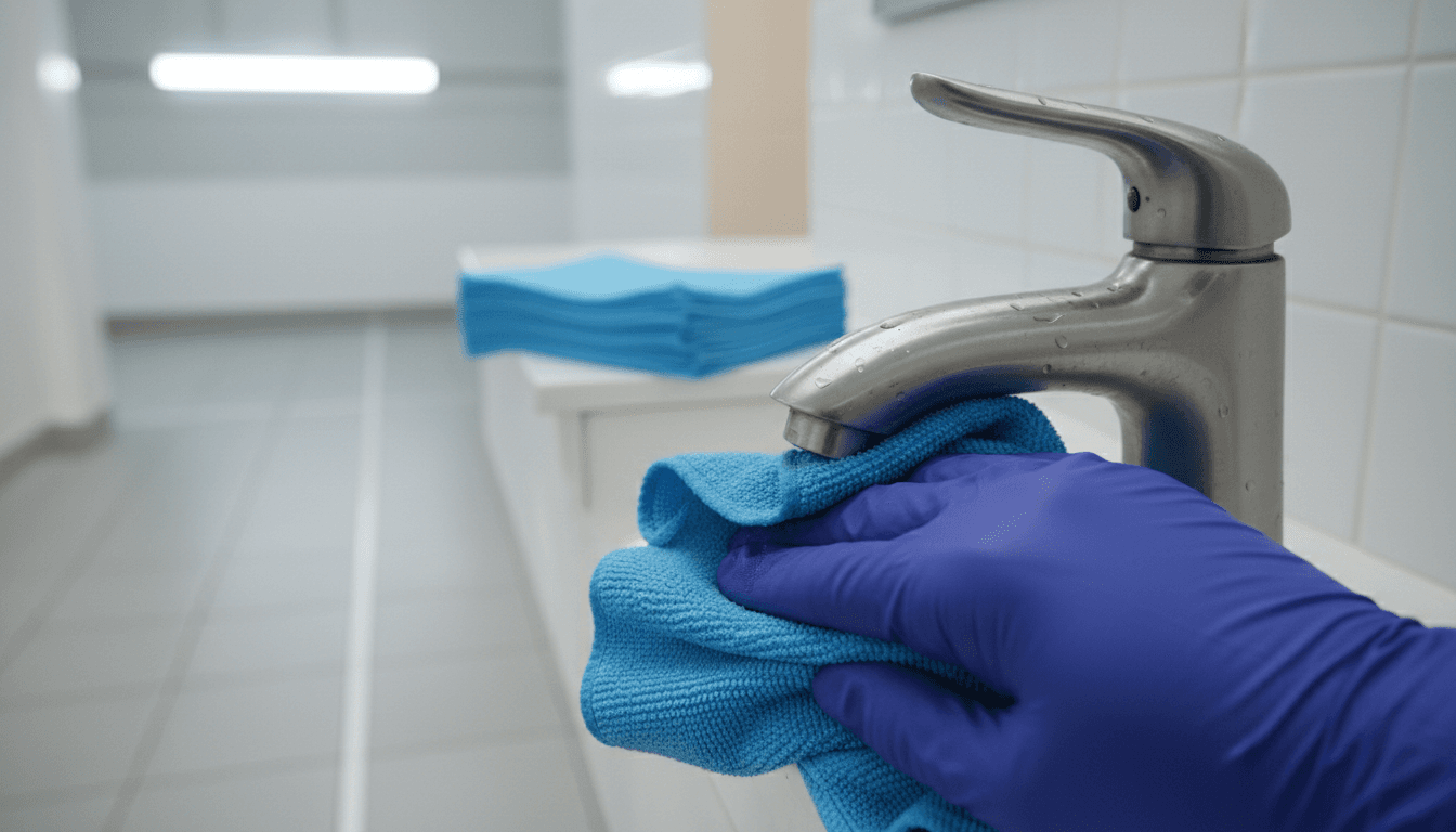 Gloved hand wiping a stainless steel sink faucet in a gas station restroom during detailing