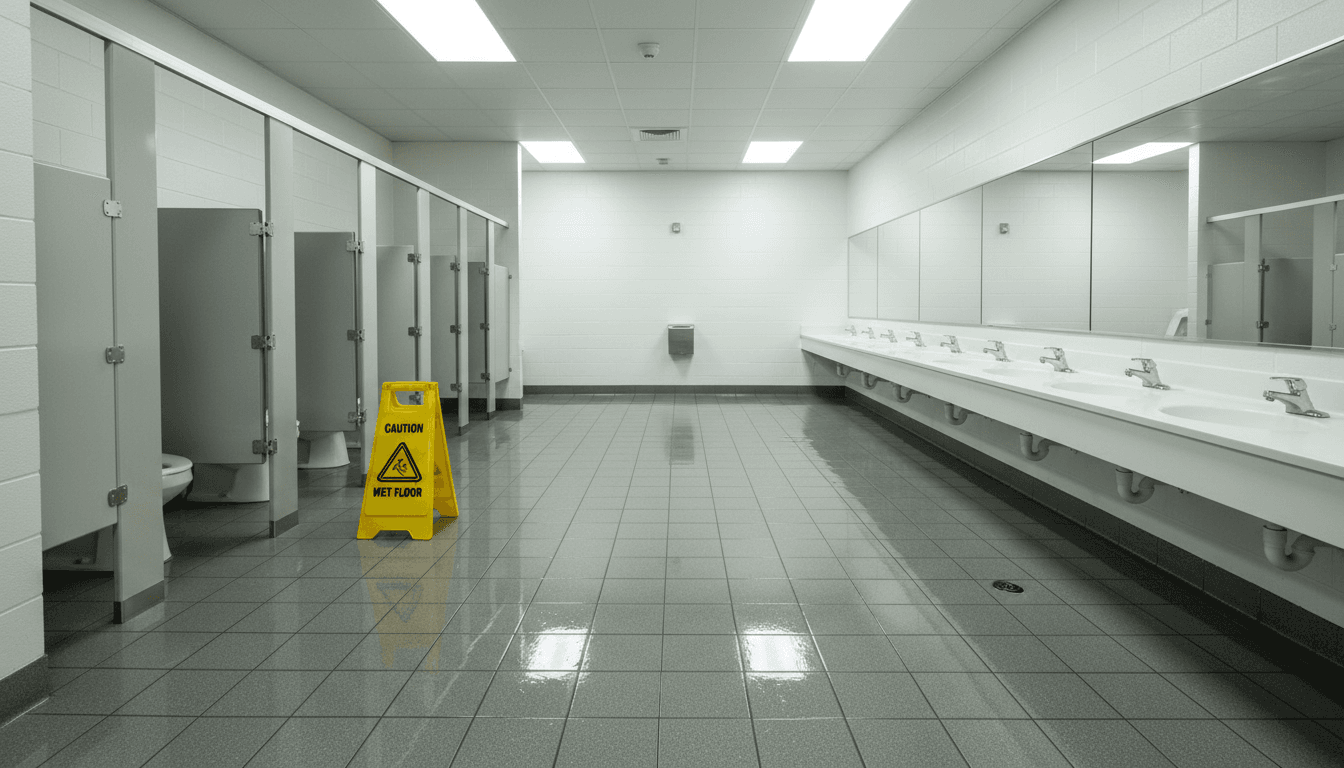Empty freshly mopped gas station restroom with a wet floor sign by the door