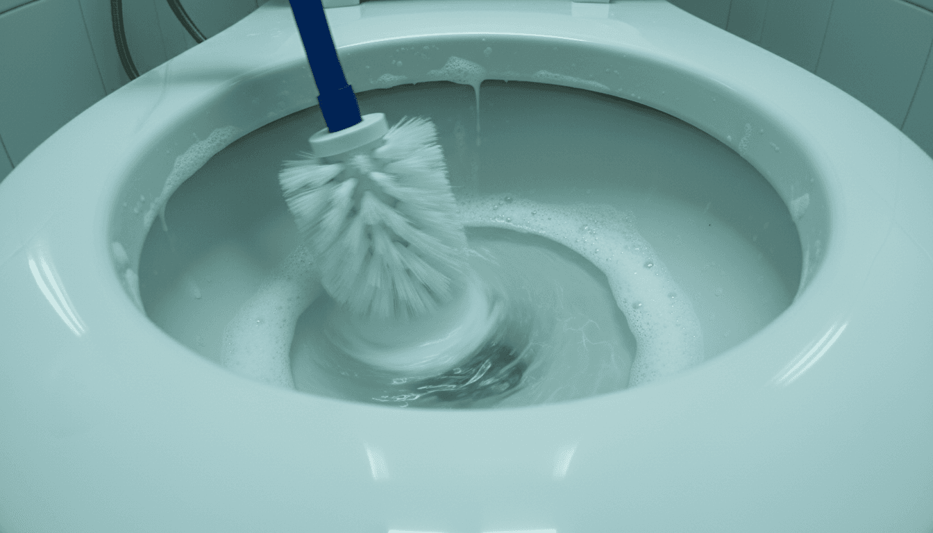 Toilet brush cleaning the bowl rim during a deep bathroom detail