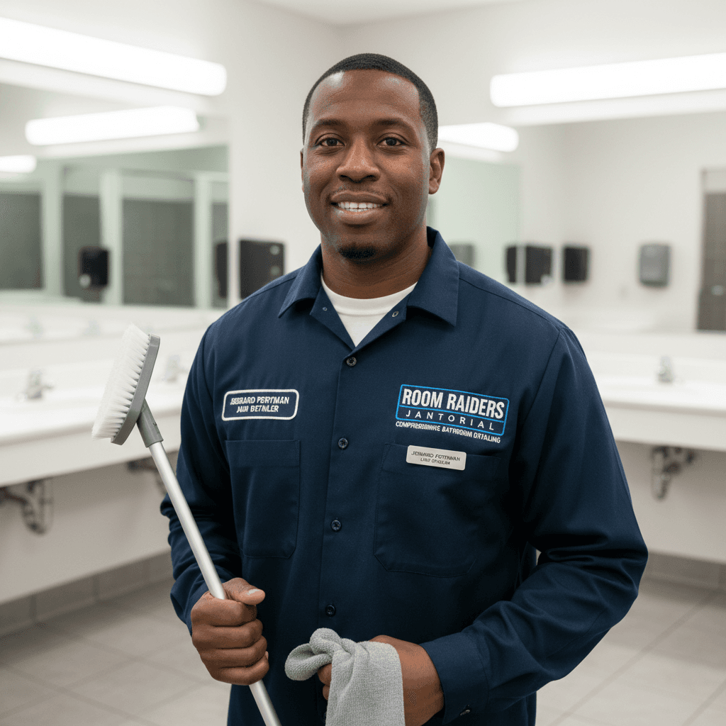 Jerrard Perryman, Founder of Room Raiders Janitorial, in a clean restroom setting