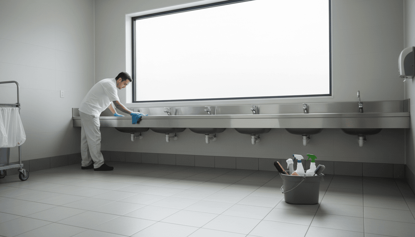 Commercial cleaning crew detailing a gas station restroom in Atlanta