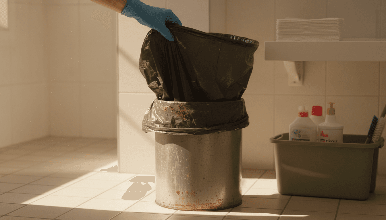 Fresh paper supplies stocked beside a restroom trash bin at the end of a cleaning shift