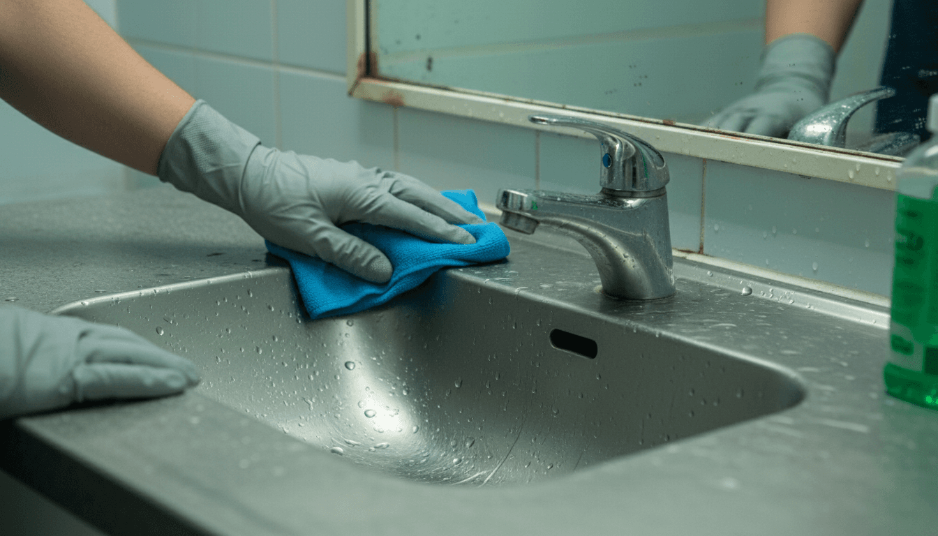 Gloved hands wiping down a stainless steel sink faucet and basin rim