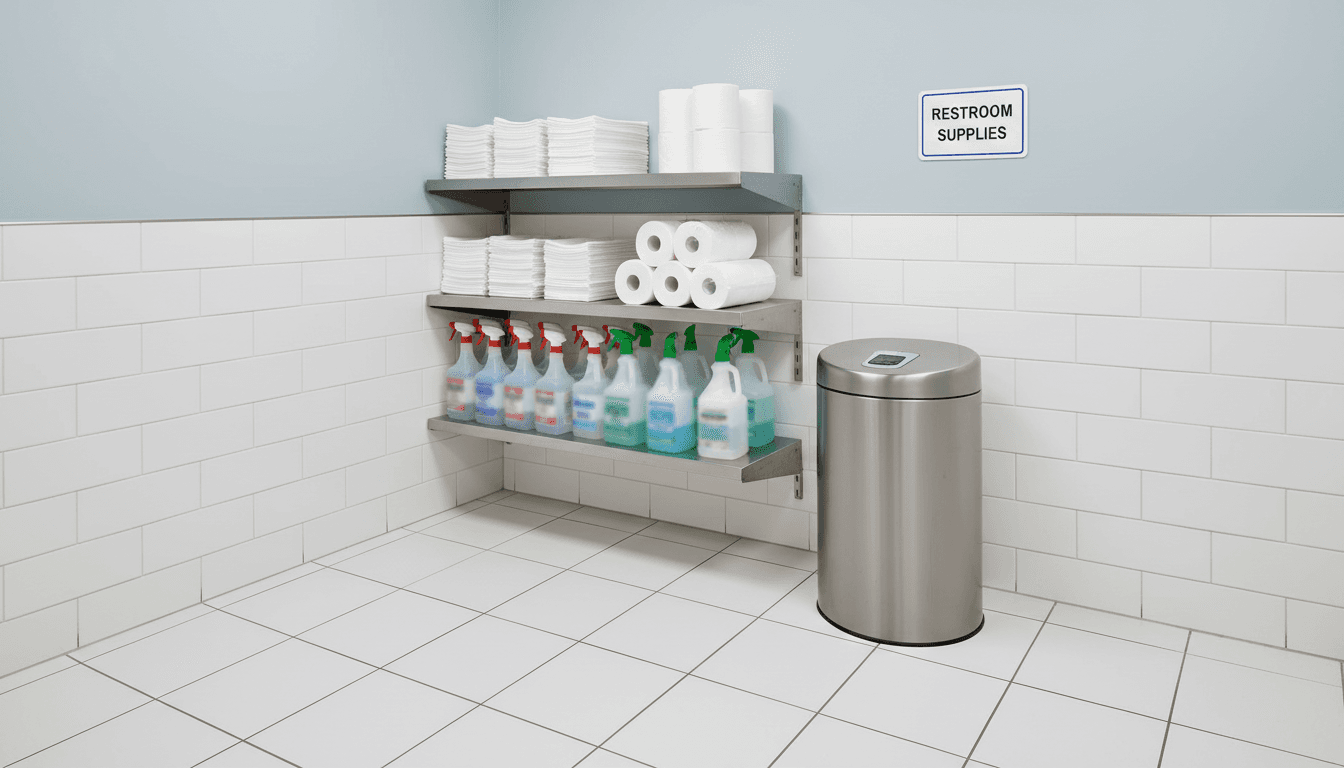 Fresh paper supplies stocked beside a restroom trash bin at the end of a cleaning shift