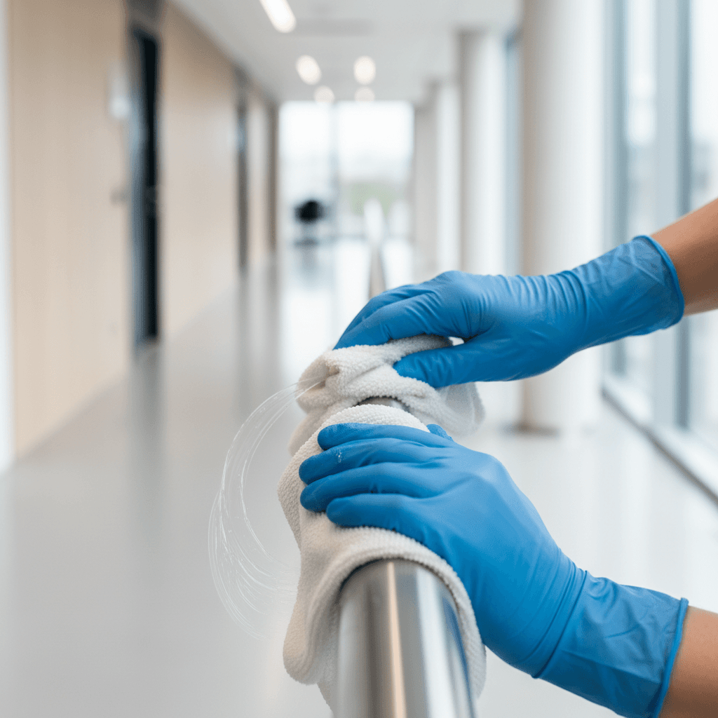 Gloved hand wiping a commercial restroom door handle with a disinfectant cloth