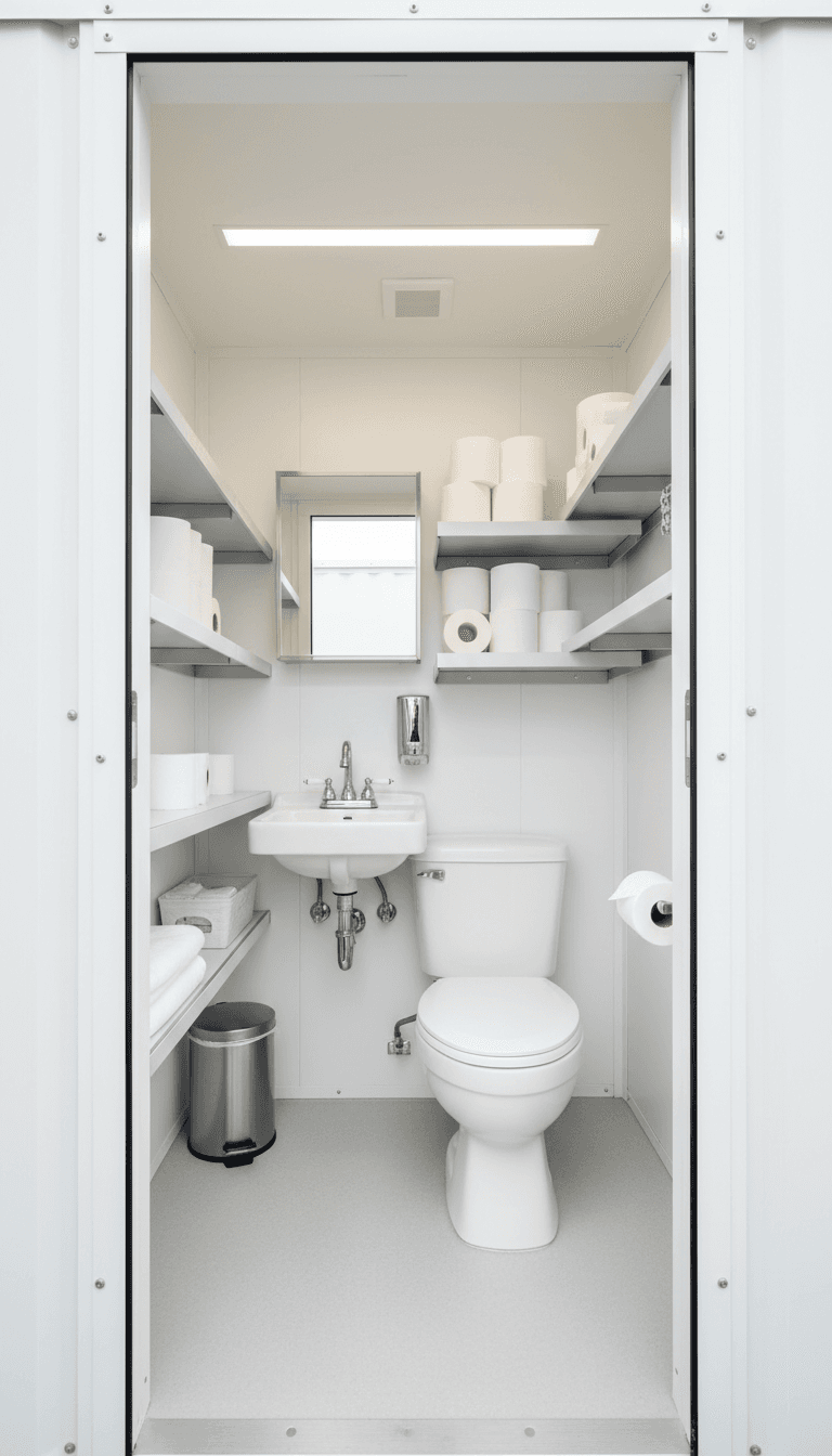 Clean interior of portable restroom showing white walls, LED lighting, ceramic fixture, and stocked supplies